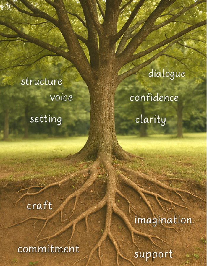 Tree illustrating the foundations and elements of strong creative writing, including craft, imagination, voice, structure, setting and dialogue