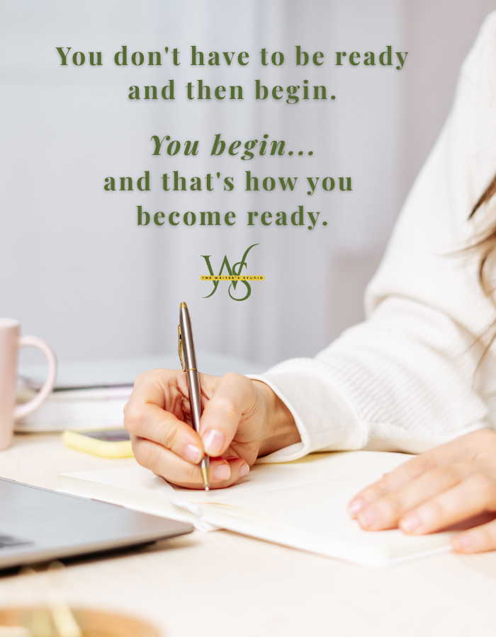 Woman writing in a notebook for The Writer's Studio creative writing program